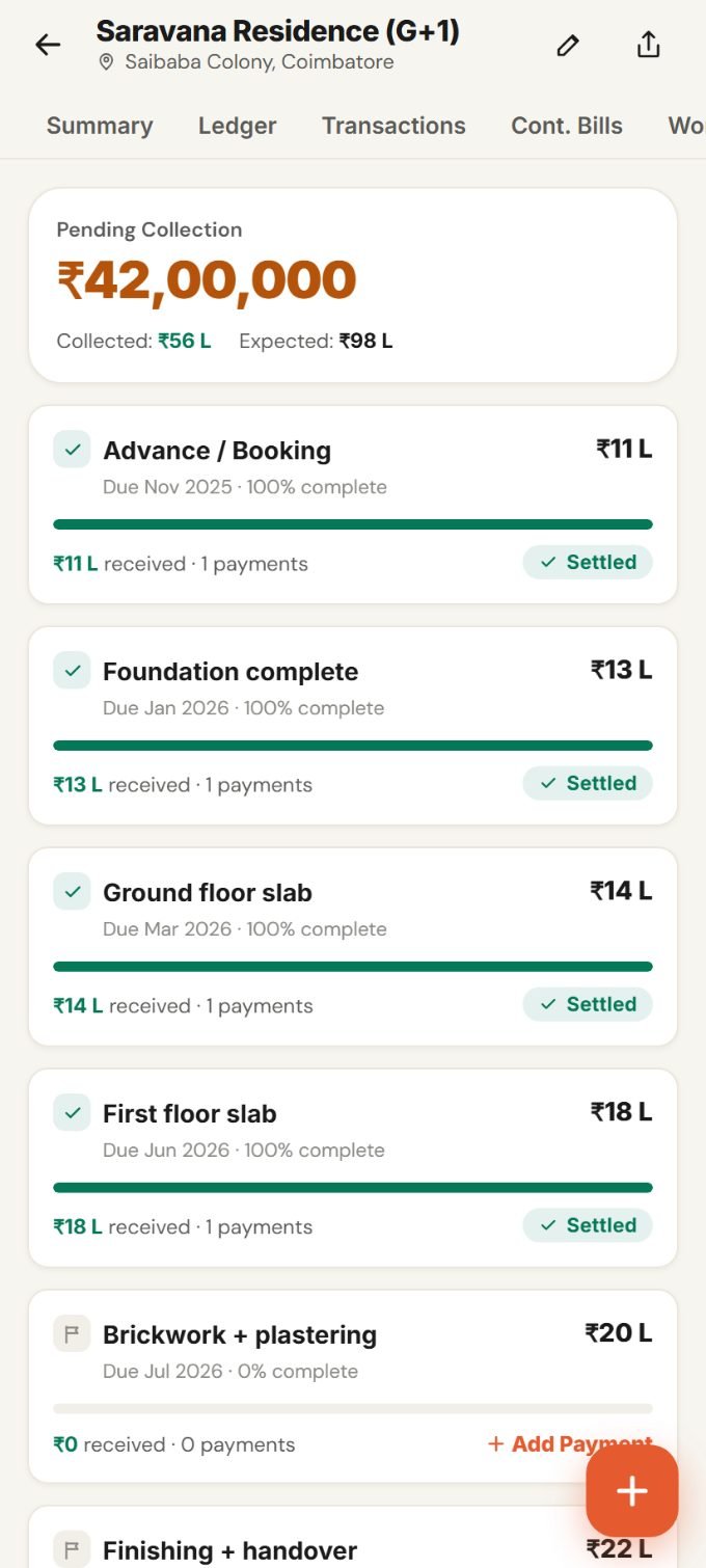 Ledger7 milestones — stage-wise billing with paid and pending balance always clear