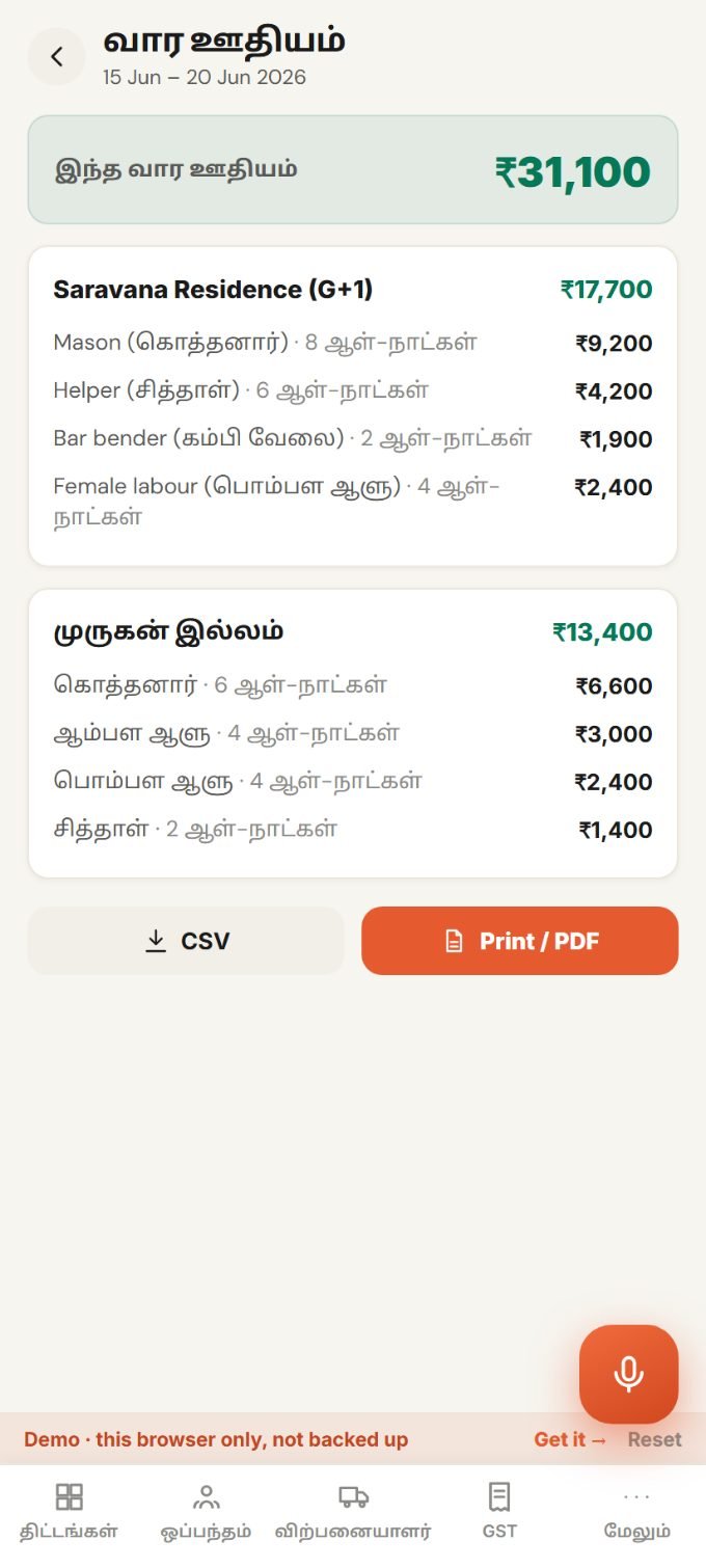 Ledger7 weekly payout — wages auto-calculated for the week, ready to share on WhatsApp